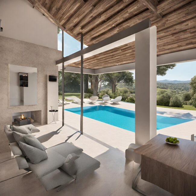 Villa mit Pool außen und innen ansichten